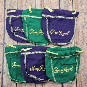 Lot of 6 Crown Royal Drawstring Mini Shooter Bags 4" Purple & Green